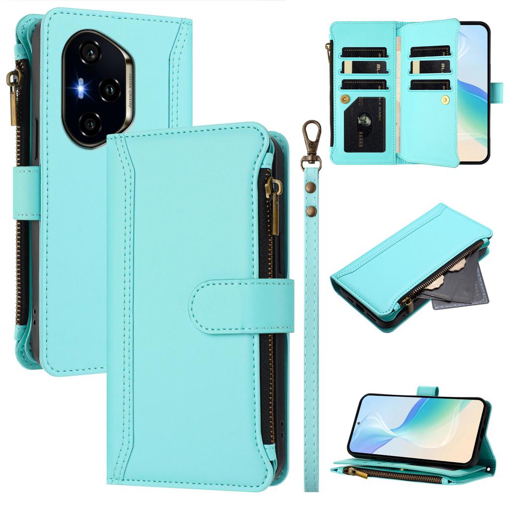 For Honor 400 5G (Global) Leather Case 9 Card Slots Zipper Wallet Stand Phone Cover with Wrist Strap