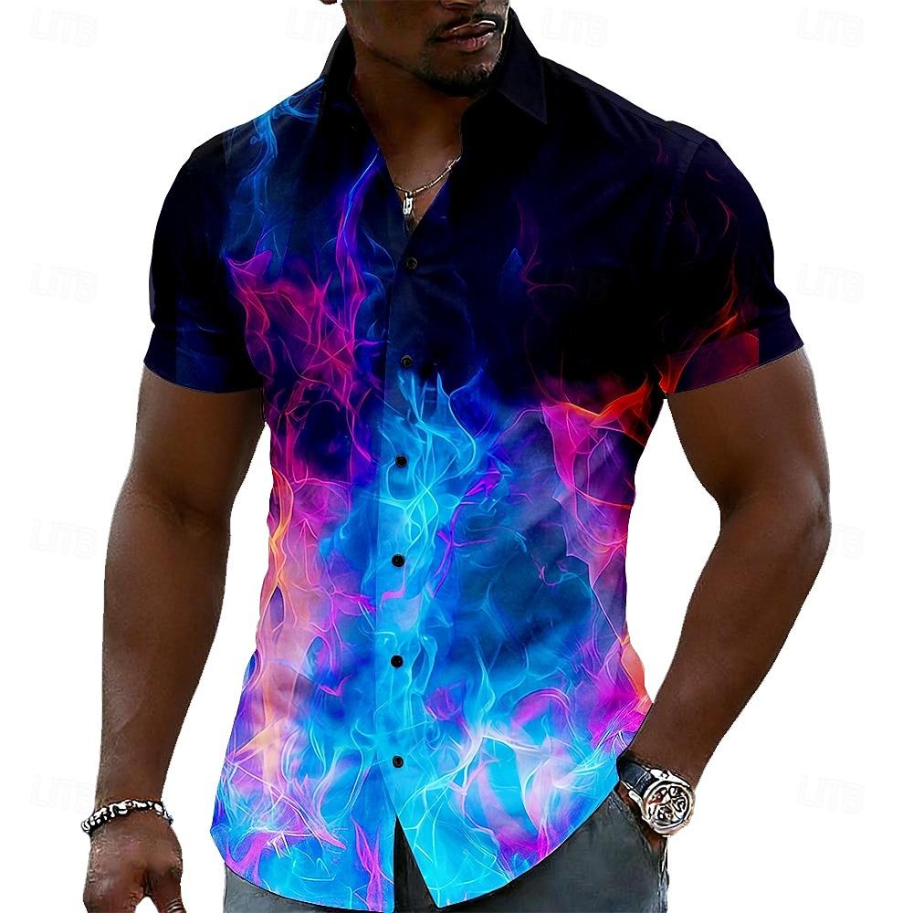 Men s Optical Illusion Flame 3D Print Shirt, Casual Short Sleeve Top S