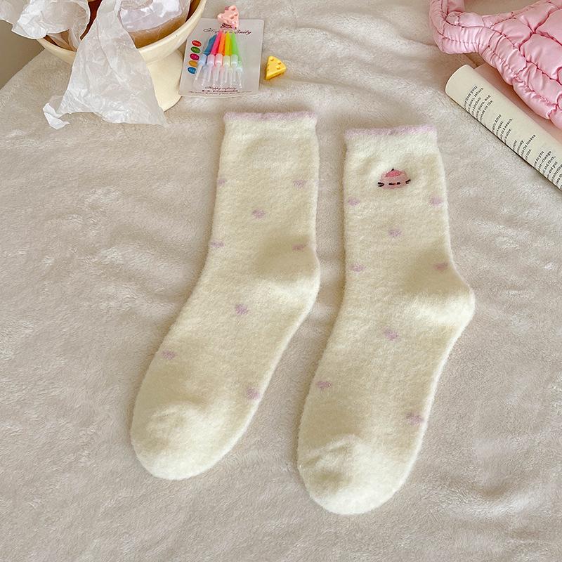 Cute Kitten Pink & Purple Mid-Calf Warm Floor Socks – Women's Autumn/Winter Velvet Animal Embroidery