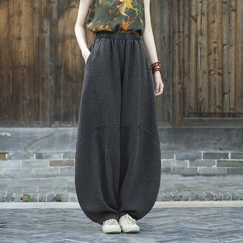Women's Retro Ramie Sand-Washed Distressed Loose Lantern Pants for Meditation and Tai Chi