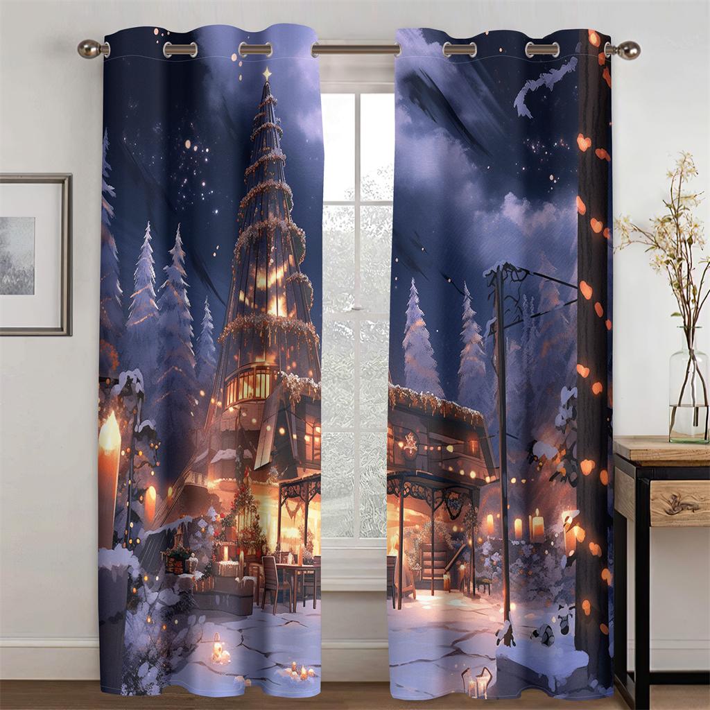 3D Christmas New Year Castle Exquisite Curtains Fairy Tale Style 2pcs Fit Children's Room Living Room Bedroom Decor