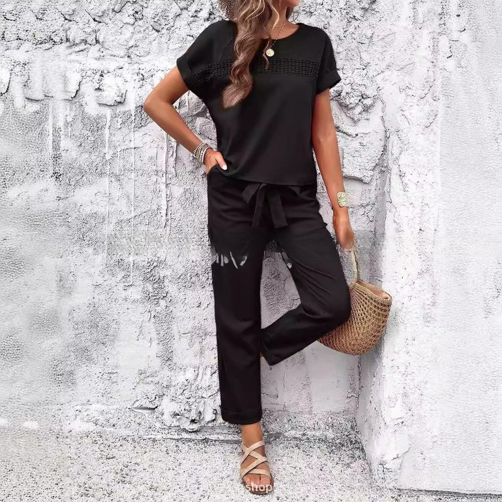 VEZFAA Women's Fashion Casual Summer Spring Short Sleeve O-Neck Trousers Pants Suits