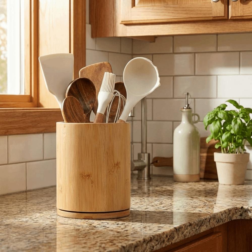 Wooden Kitchen Utensil Holder Farmhouse Style 360° Rotating Cutlery Storage Rack Large Capacity Chopstick Cage Kitchen Counter
