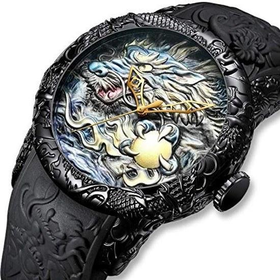 MASTOP mens fashion big dial 3D carved dragon watch quartz luxury exquisite creative fashion/black 50 mm wristwatch.