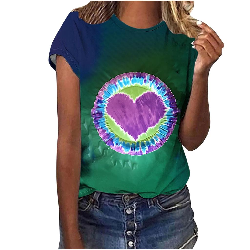 Heart Graphic 3D Print Tie Dye T-Shirts Women O-Neck Short Sleeve T Shirt Streetwear Y2k Harajuku Tees Basic Top Female Clothing