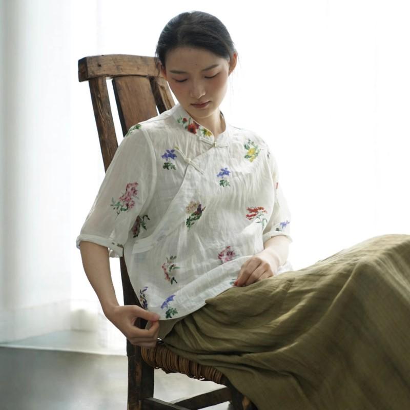 Johnature Women Vintage Print Floral Shirts Tops Stand Seven Sleeve Blouses Summer Button Chinese Style Shirt