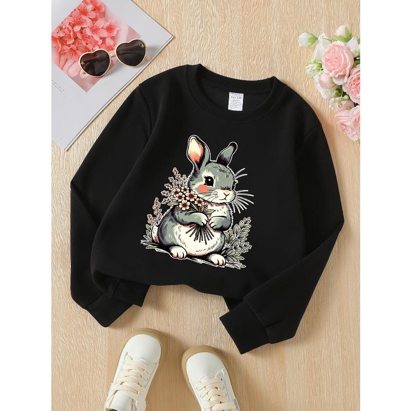 European Sizes Girls' Soft Crewneck Sweatshirt, Cute Rabbit Holding Flower Bouquet Print with Creative Design, Casual All-Match, Ideal Gift