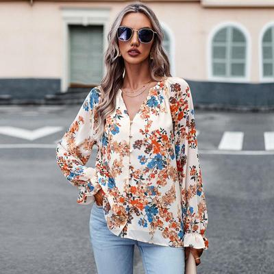 Blusa fragmentada elegante con botones y manga farol con cuello en V para mujer, Tops florales