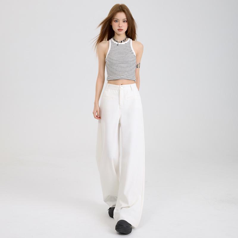 Women's Autumn 2025 Casual White Wide-Leg Pants: High-Waist, Loose, Slimming, Drapey, Floor-Length
