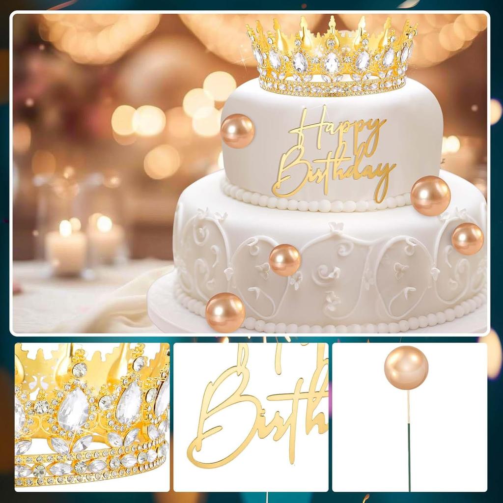 8Pcs Queen Crown Birthday Cake Topper for Women Rhinestone Crystal Tiara Wedding Happy Birthday Cake Decoration