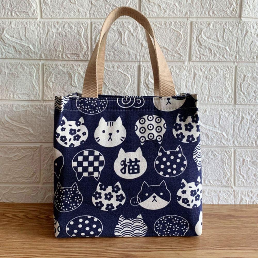 Portable Printed Cat Lunch Bag Large Capacity Canvas Food Container Handbag