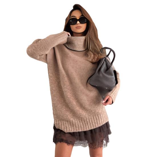 Women Sweater High Collar Long Sleeve Ribbed Trim Knitted Tops Solid Color Loose Fit Autumn Winter Casual Sweater