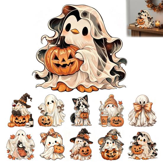 Rustic Autumn Table Centerpiece Halloween Wooden Ghost Ornament with Pumpkin Pattern, Double Sided Desktop Decoration, Cute Figurine Spooky