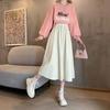 Herbst Winter Frühling Damen Cord Midi Rock Elegant Retro Hohe Taille Koreanischer Stil Schirmrock Elastischer Bund