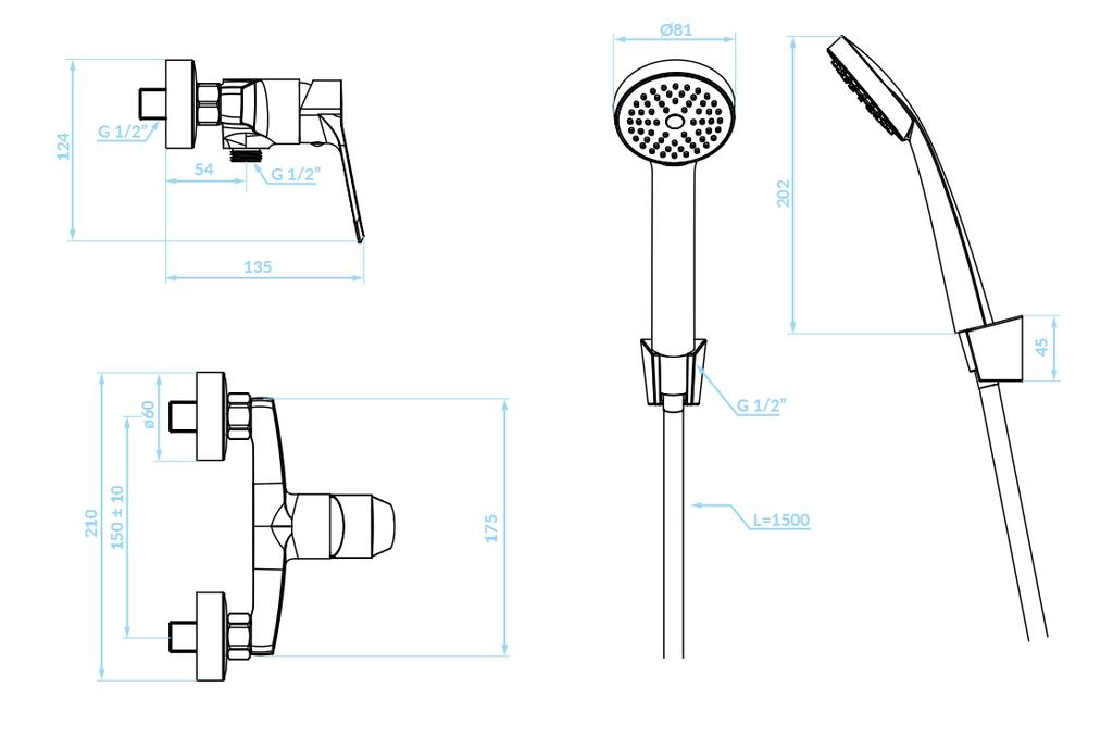 Wand-Duscharmatur mit Duschset Schwarz Atez Kuchinox