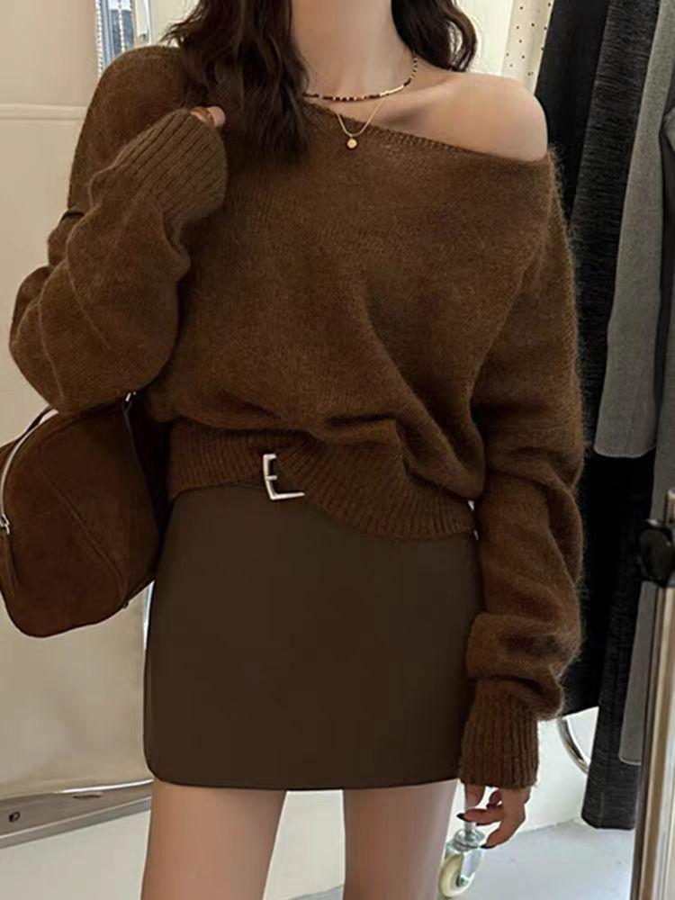 Korean Style One-Shoulder Wool Knit Sweater for Women - Autumn/Winter, Loose Fit, Plus Size, Street Style Base Layer Top