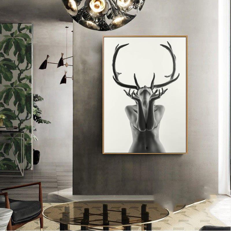 Nordic Modern Sexy Nude Woman Golden Deer Canvas Painting Naked Portrait Wall Art Picture for Living Room Home Decor Cuadros