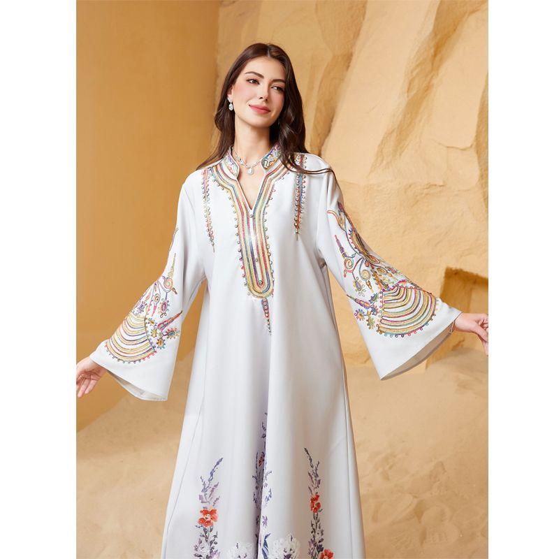 Cross-Border New Middle East Women Clothes Robe Rope Embroidery Dubai Travel Leisure White Plus Size Dresses Long Dress