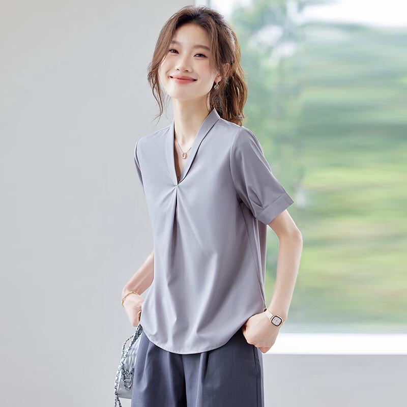 Tluoman Women's V-Neck Short Sleeve Commuter Blouse