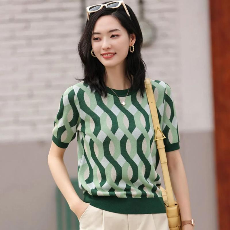 

Вязаный свитер из ледяного шелка женский полосатый ретро жаккардовый с коротким рукавом летний свободный тонкий топ с круглым вырезом базовый свитер пуловер S зелёный