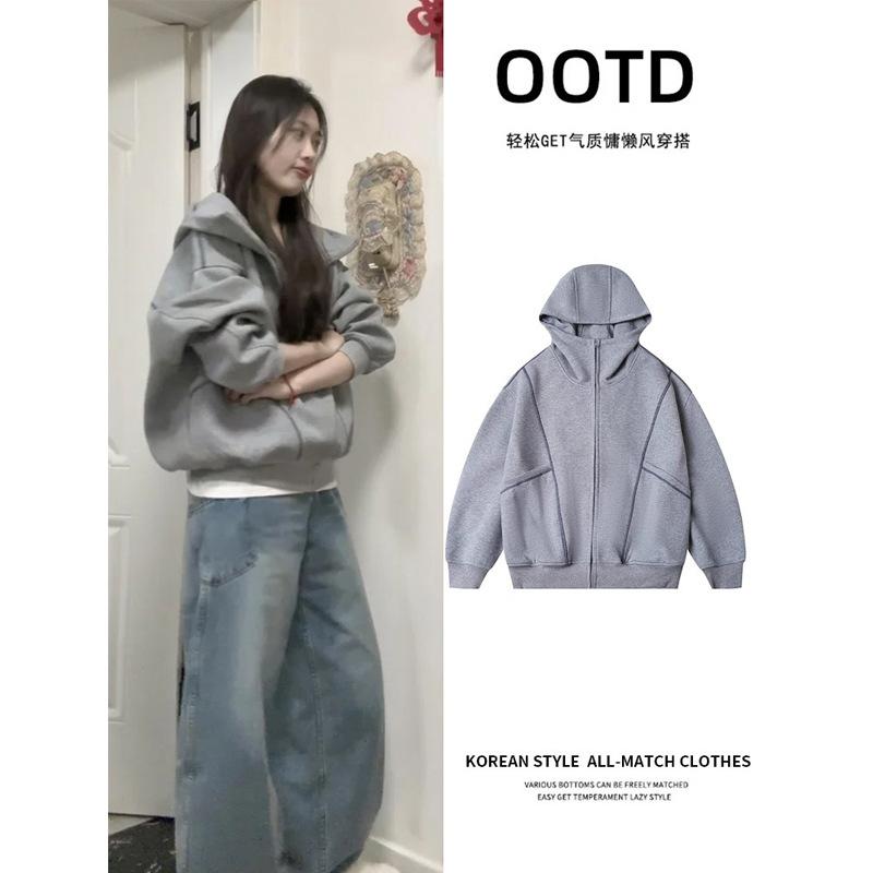 

2025 new fashion European and American style loose and lazy hooded sweater men s and women s season gray zipper XXXL сірий колір