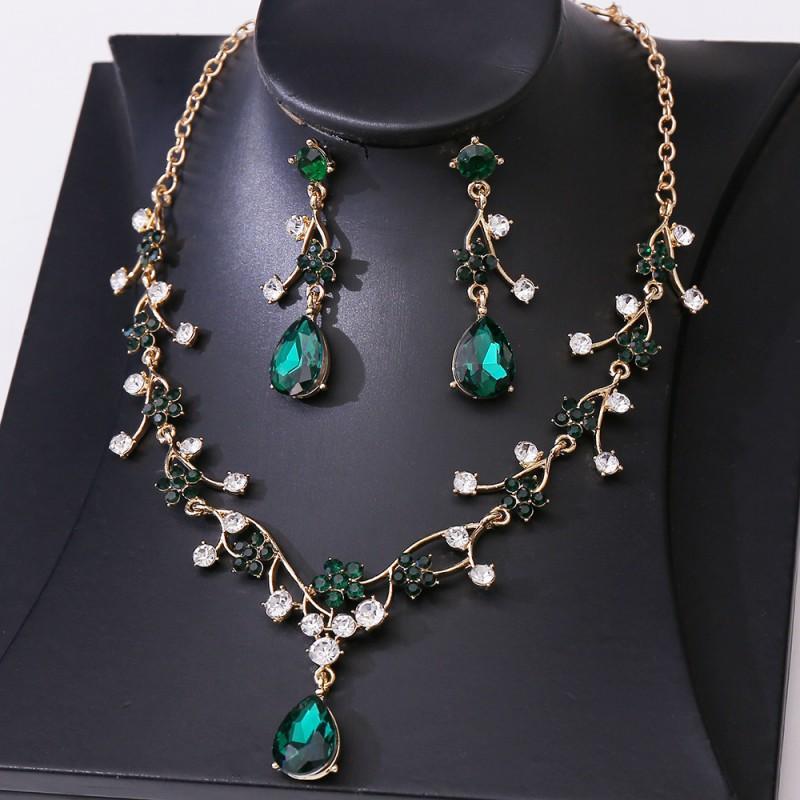 Elegantes Florales Kristall Halskette Ohrring Set Damen Vergoldete Legierung Schmuck Hochzeitsparty Abendkleid