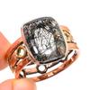 Natural Black Rutile Gemstone Two Tone 925 Solid Silver Jewelry Ring S.10.5 L7H96