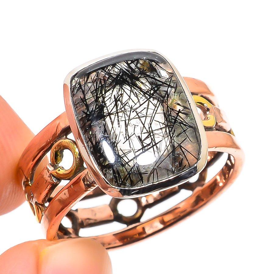 Natural Black Rutile Gemstone Two Tone 925 Solid Silver Jewelry Ring S.10.5 L7H96