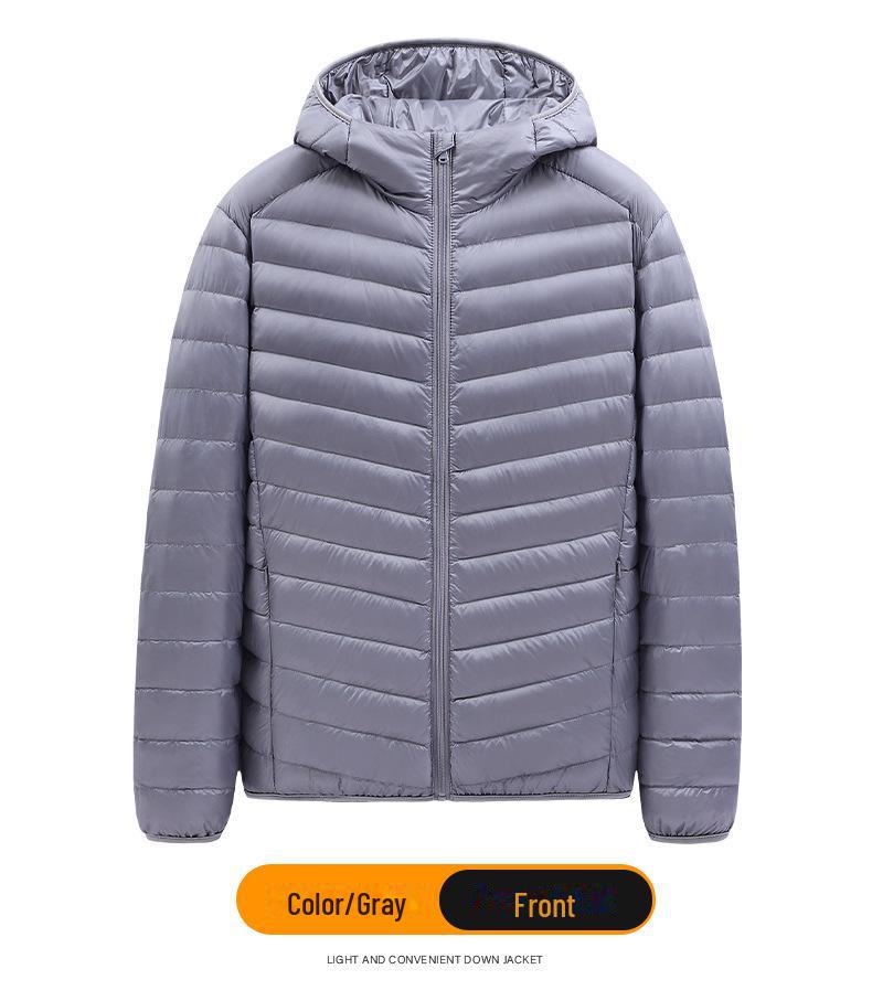 Men's Lightweight Hooded Down Jacket - Short Stand-Up Collar, Casual and Warm for Winter