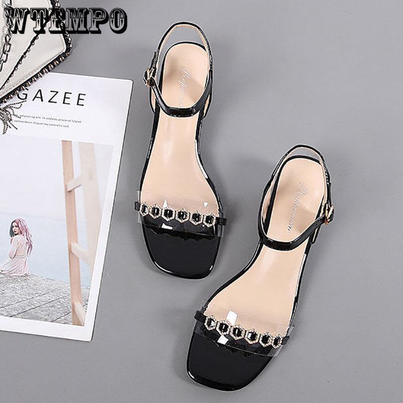 Women's Fashion High Heel Sandals Summer Leather Low Heel Simple Sexy Square Head Fairy Wind Sandals | Sequins Rhinestones A Buckle | PU Material
