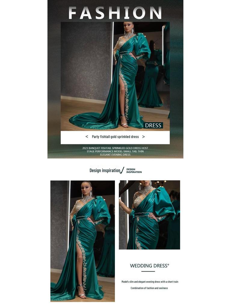 2025 Elegant Gold Fishtail Evening Dress with Small Train for Banquet or Stage Performance