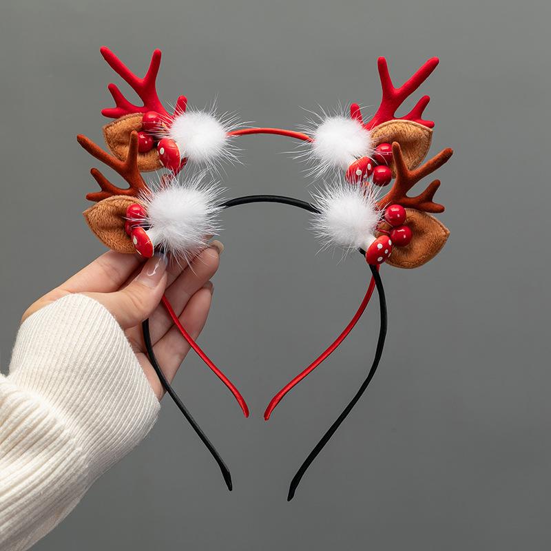 Christmas Deer Antler Headband Red Forest Style, Festive Reindeer Hair Band for Women Girls Children Holiday