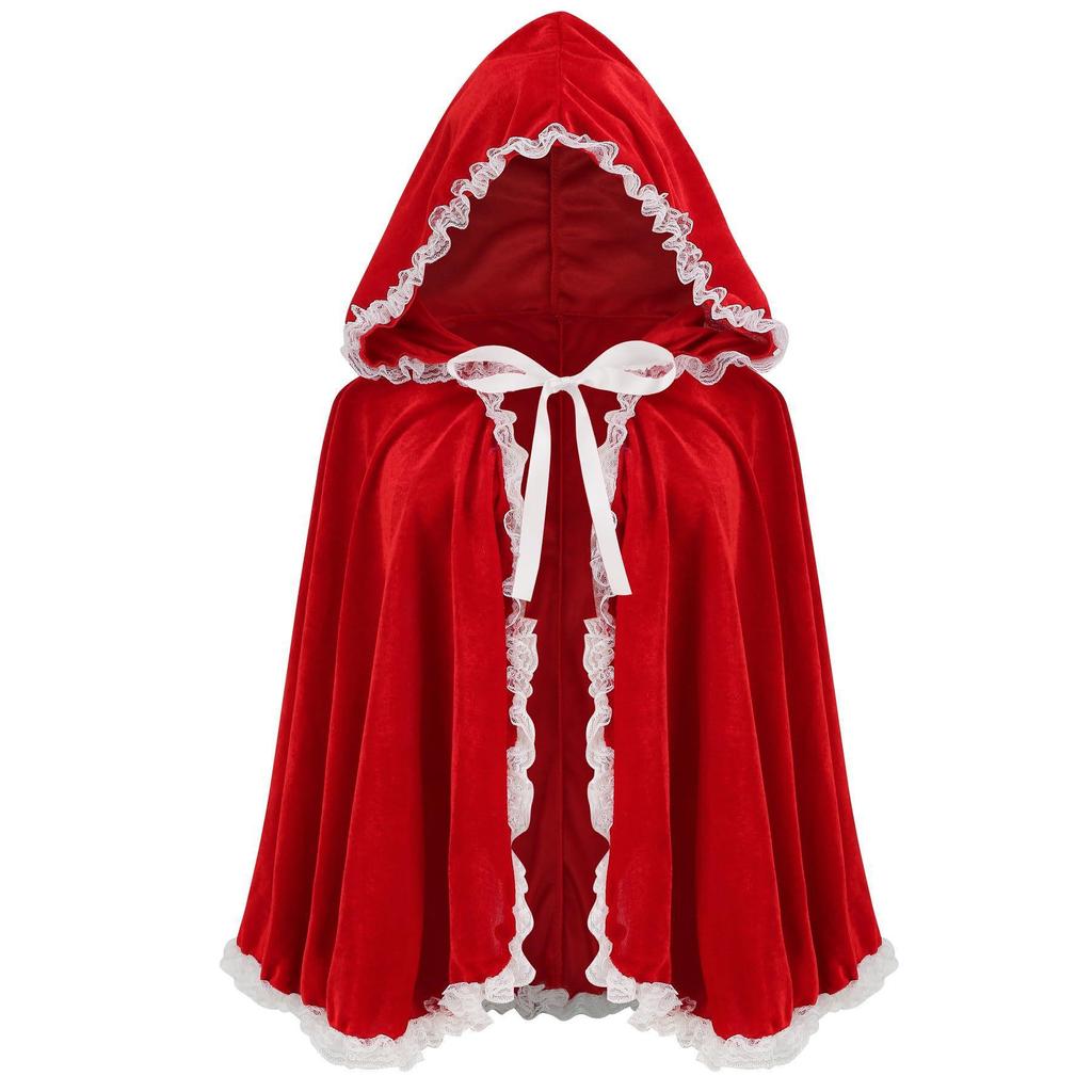 Women's Lace-Trimmed Red Hooded Cape - Halloween Costume Cloak Short Retro Trench Coat Stage Performance Wear