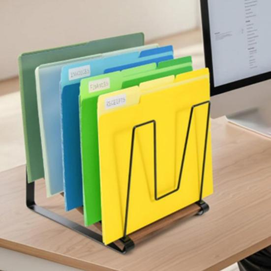 Inclined Desk File Organizer 5-Section Vertical File Folder Holder Stand Office Classroom Home Workspace Metal File Sorter Rack with Wooden Base