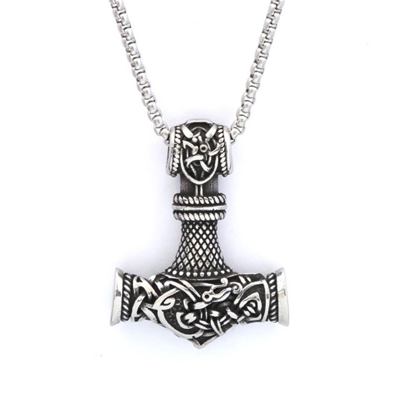 Unique Stainless Steel Vikings Thor Hammer Pendant Vintage Scandinavian Rune Necklace for Men Punk Jewelry Accessories