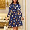 Women Long Sleeve Round Neck Midi Dress Retro Grid Line Small Floral Print Flared Casual Dress