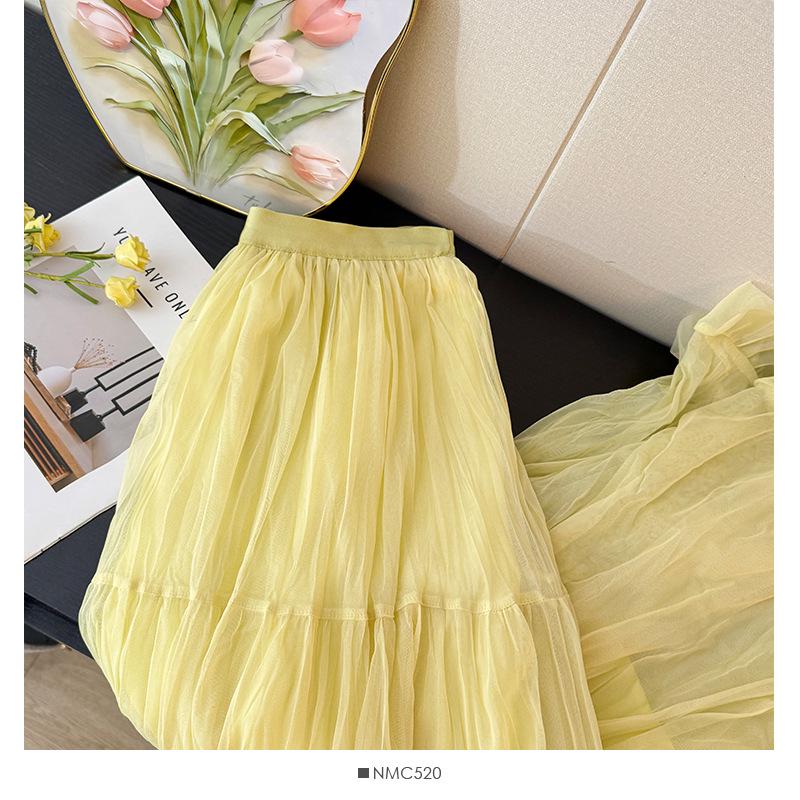 French Fairy-Tale High Waist Mesh Skirt - Women's Autumn 2025 A-Line Pleated Design