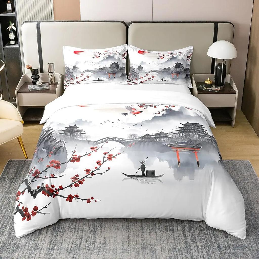 Japanese Building Duvet Cover Sets for Teens Queen Size Quilt Covers Lightweight Down 2 Pillowcases 1 Duvet Cover No Comforter
