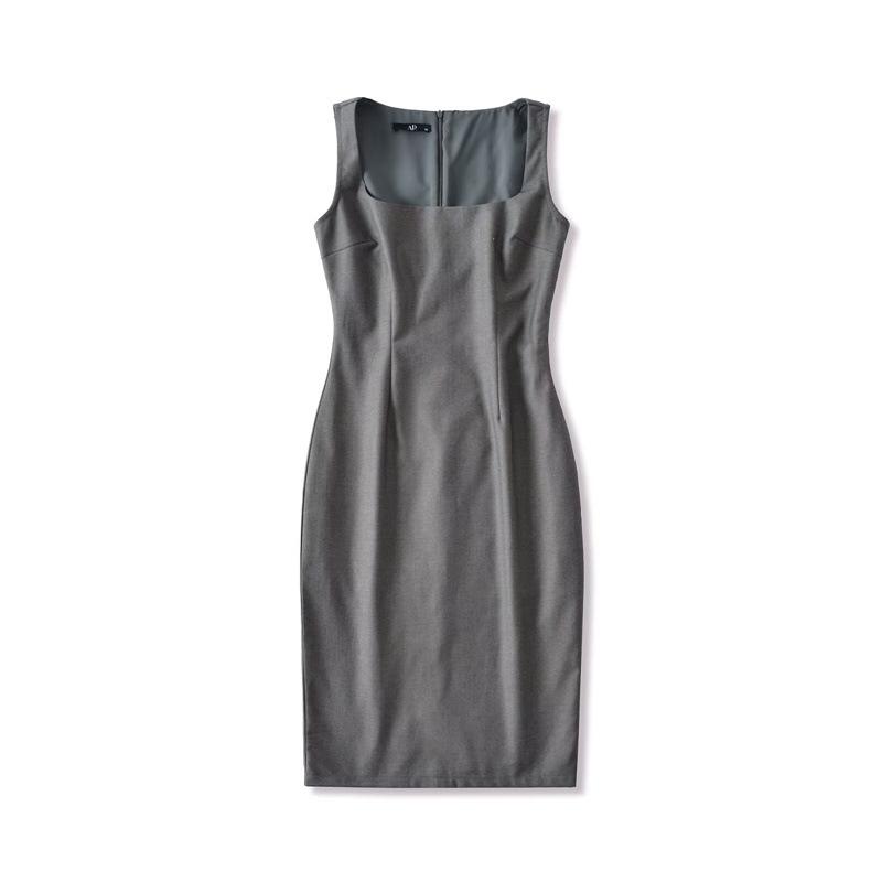 Women's Gray Vest Suit Dress - Retro Sleeveless Sheath with Waist-Cinched High-End Style
