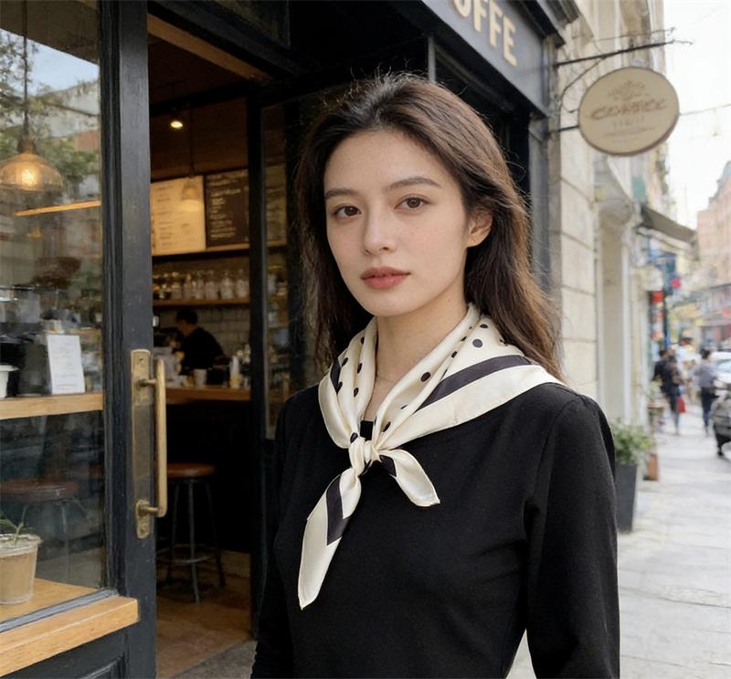 Black and white temperament polka dot versatile mulberry silk scarf women's satin silk 71 square scarf spring and summer scarf silk scarf