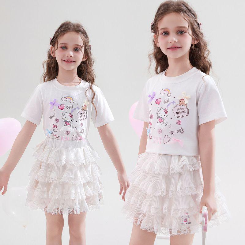 Hellokitty Girls Summer Suit 2025 New Short-Sleeved Girl Skirt Kidsren's Summer Suit Two-Piece Trendy Set