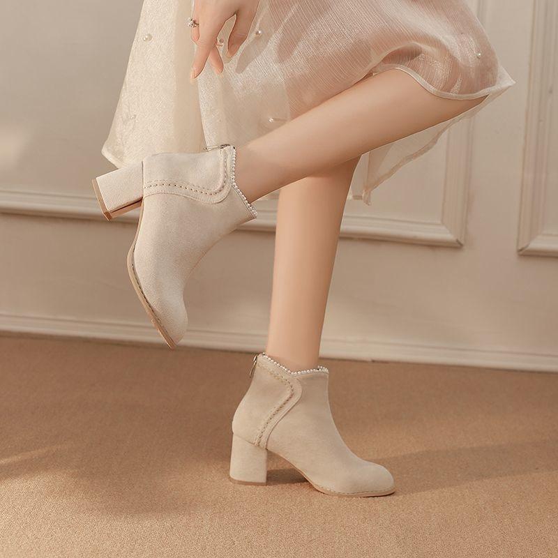 

Матовые осенне-зимние модные ботинки, задняя молния, ботинки Мартина, флисовые полусапожки, туфли к ципао, ханьфу, высокие каблуки 40