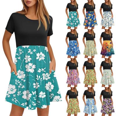 Women's Fashion Casual Loose Round Neck Short Sleeve Printed Pocket Dresses