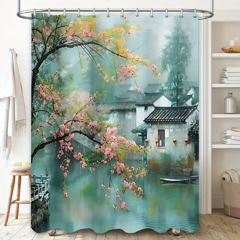 Elegant Scenic Shower Curtain With Blossom Tree And Traditional House Water Village Artwork For Home Decoration Elevate Space