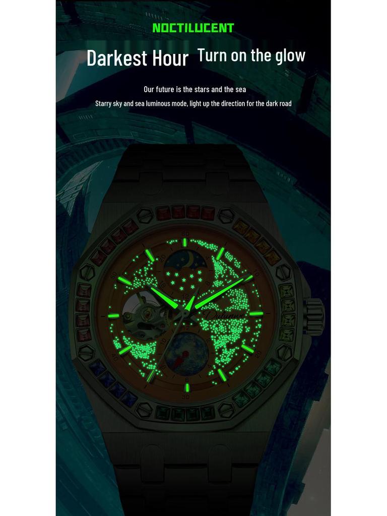 Durenwei Herren Wasserdicht Leuchtend Regenbogensterne Edelstahl Mechanische Uhr