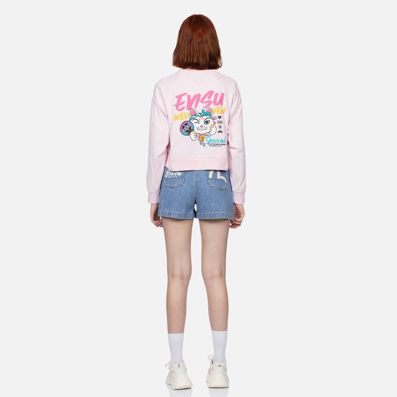Evisu SS24 Lucky Cat And Family Flower Logo Print Long Sleeve T-Shirt Women tops Pink 2ESHTW4TL4031CPCT