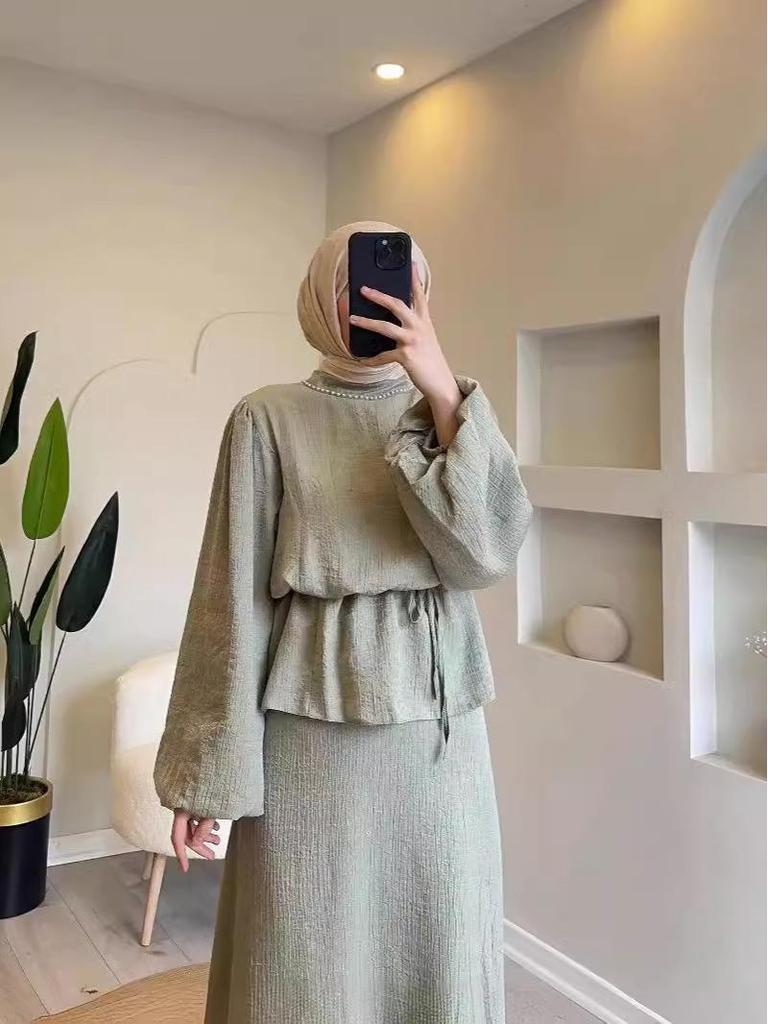 2024 Spring Women's Muslim Set: Elegant Solid Color Half Skirt with Tie