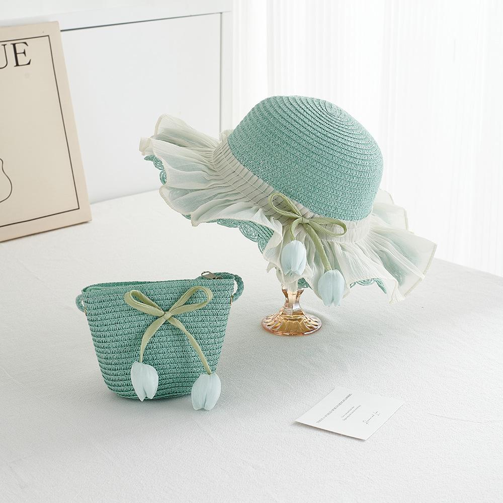 Girl Summer Straw Sun Hat And Bag 2pcs/set Breathable Wide Brim Beach Cap Children Girls Bucket Hat for Sun Protection