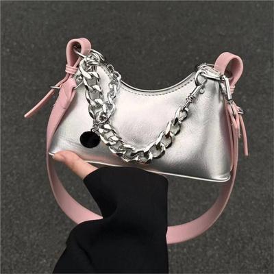 Bolsa de mão prateada doce e legal feminina vintage high street chain chique bolsa feminina fada core estética bolsas de ombro