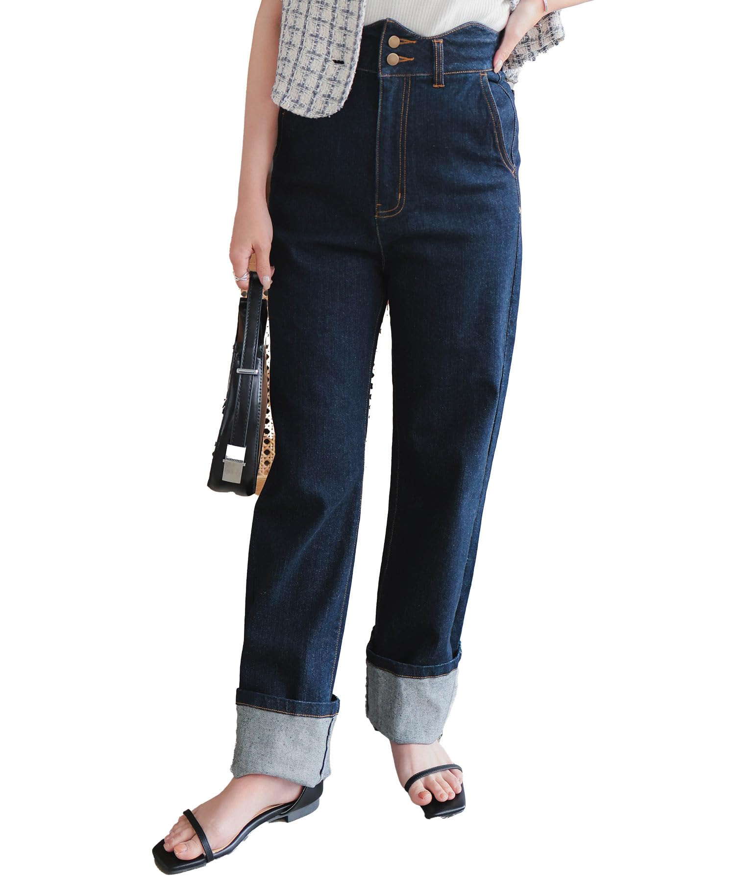 

Джинсовые брюки Kobe Lettuce Petitle Petitle с фигурным поясом, идеально подходят для миниатюрных, идеально для более низких и миниатюрных, стильные миниатюрные, индиго, с подворотами